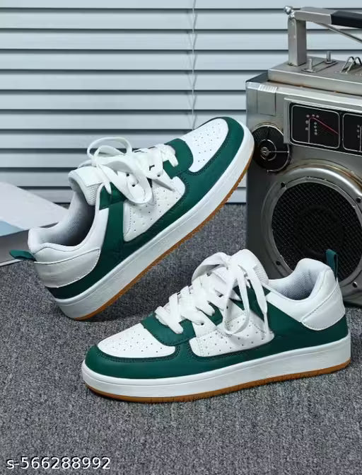 White & Green Trendy Lace-Up Sneakers for Men