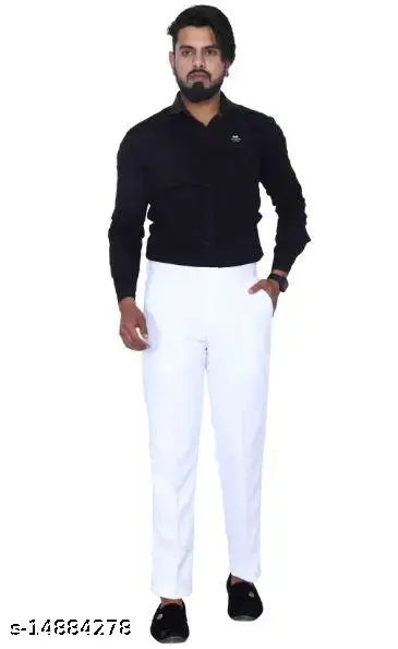 Men Regular Fit Solid Spread Collar Casual Shirt and White Trousers for partywear -Black & White