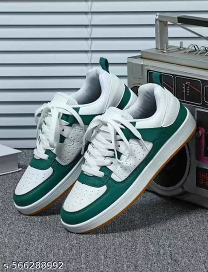 White & Green Trendy Lace-Up Sneakers for Men