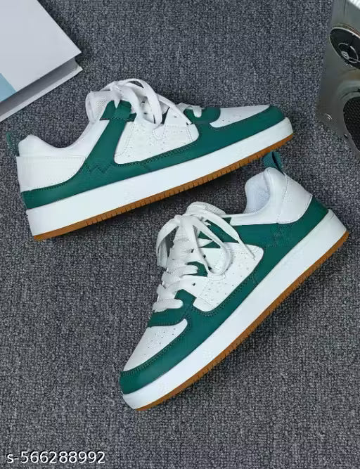 White & Green Trendy Lace-Up Sneakers for Men